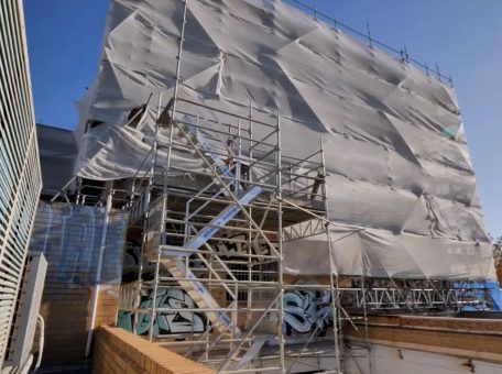 Scaffolding and sheets at the Fremantle high rise demolition site where the Focus Demolition is beginning demolition work.